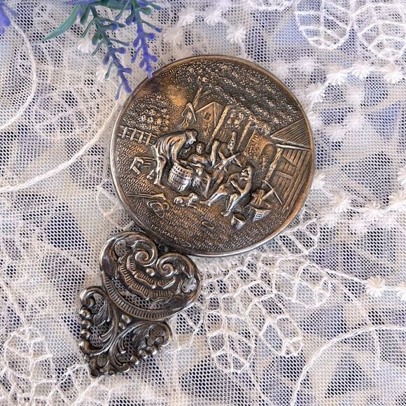 Vintage Hans Jensen Denmark Silver-plate Pocket/Purse Mirror Country Music Scene - Picture 1 of 9